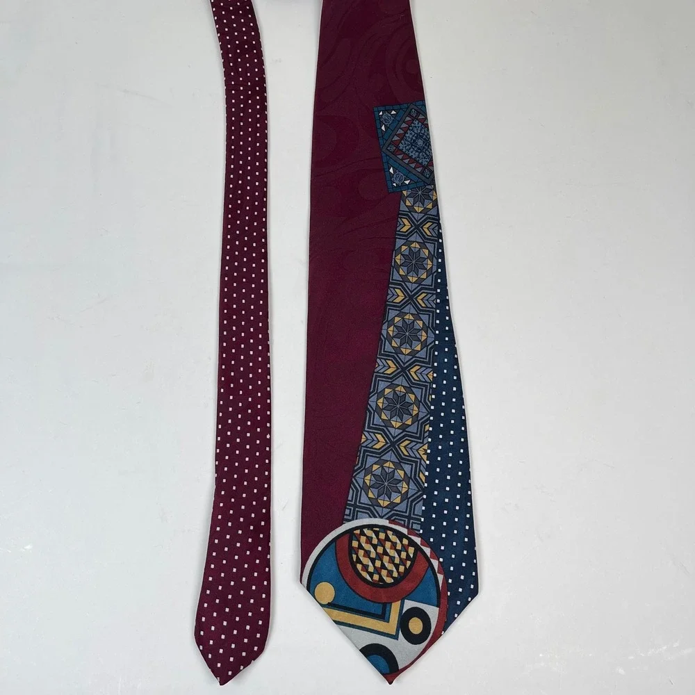 Vintage Botany 500 Necktie Tie Burgundy Blue Abstract Geometric 90s Art Deco